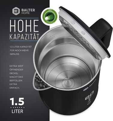 Balter Stainless Steel Kettle with Temperature Setting, 40°C-100°C, Double-Walled, BPA-Free, 1.7L, Black, WK-5-Touch (5 Temperature Levels, LCD)