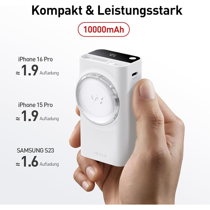 Power Bank iWALK 10000mAh з вбудованим кабелем USB-C 70см, 3 виходи, 30W PD, рожевий