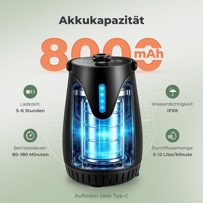 Портативний душ для кемпінгу Campingdusche з акумулятором 8000mAh, 3 режими, дисплей температури, шланг - для кемпінгу, піших прогулянок, домашніх тварин (Чорний)