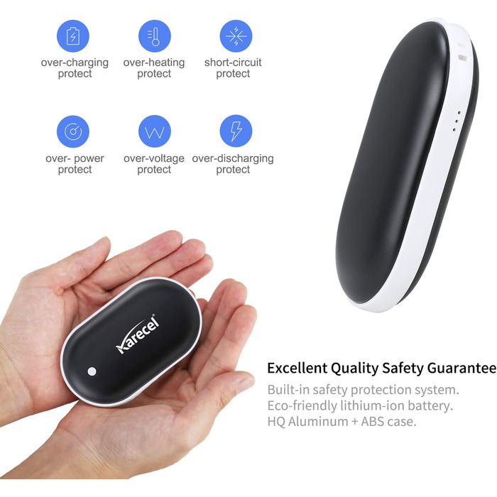 Електричний грієчка для рук Karecel 2 шт., 10400mAh, Powerbank, двосторонній нагрів, для чоловіків та жінок, чорний