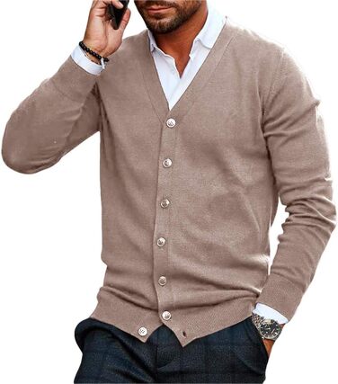Чоловічий в'язаний кардиган Runcati без коміра V-подібний виріз, легкий, на весняно-осінній сезон (Хакі, XXL)