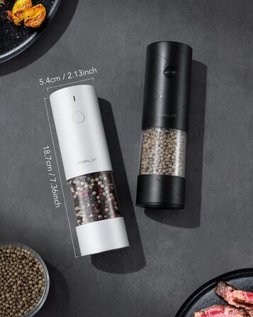 FORLIM Salt and Pepper Grinder Electric, USB Rechargeable Pepper Grinder with LED, with Adjustable Ceramic Grinder Spice Grinder, Lower Noise, 7 Levels of Thickness Adjustable, 2 Pack (Black+White)