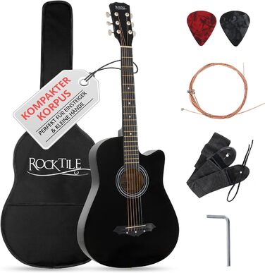 Rocktile WSD-5C-BK: Акустична гітара Western Slim Line - Комплект з чохлом, струнами, ременем та медіатором (Чорний)