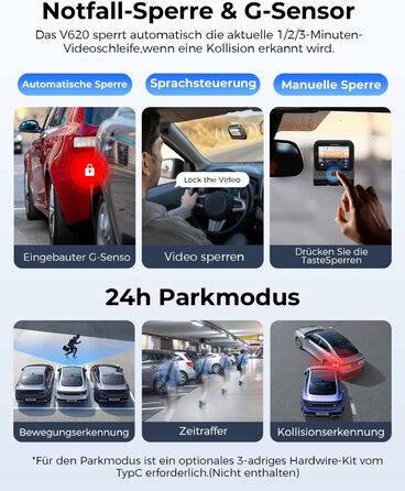 Відеореєстратор для авто Dashcam Auto Vorne Hinten 4K + 1080P з двома камерами, IPS-екран 2.4', SD 64GB, запис голосом, паркувальний режим, покращена нічна зйомка, WDR