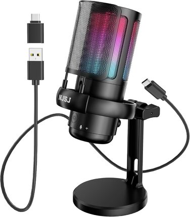 Мікрофон для ПК NJSJ Gaming RGB, для стрімінгу та запису, USB, сумісний з PS4/PS5/Mac, з регулятором гучності, чорний