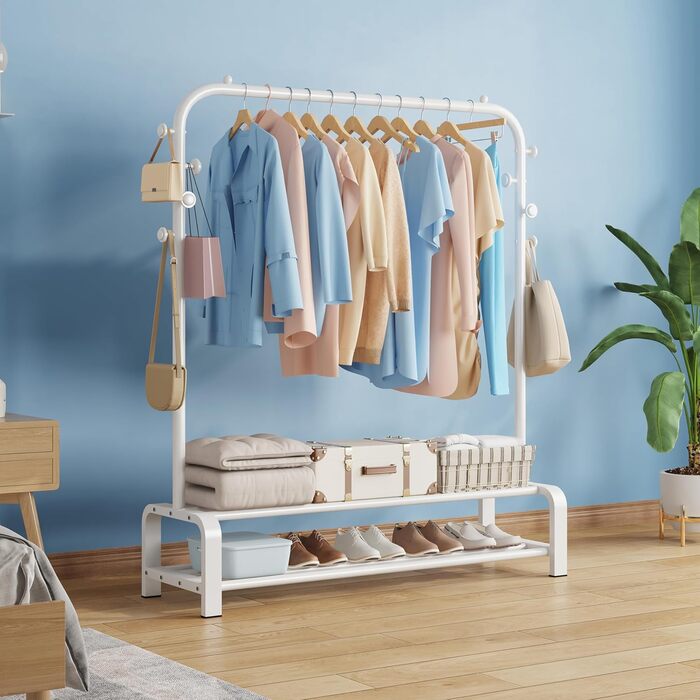 Clothes Rack, Coat Rack Stable Clothes Rod with 6 Hooks and 2 Shoe Shelf Storage Shelf, Bedroom Clothes Rack Freestanding Clothes Rail, (White)