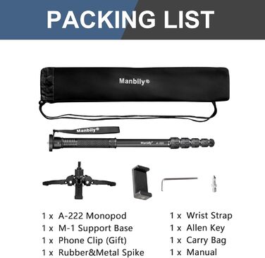 Штатив для камери Manbily A-222 з висувними ніжками з алюмінію, 5 секцій, до 170 см, 7 кг, для DSLR Canon/Sony/телефону (сірий/чорний)