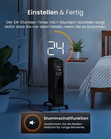 Електричний масляний радіатор Pro Breeze 2500W з 11 ламелями. Розумна система опалення, 3 режими, термостат, Wi-Fi, таймер 24 години, сенсорне керування, захист від перегріву. Білий.