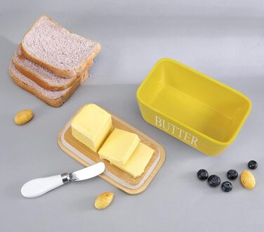 Porcelain butter dish with lid, airtight silicone butter keeper for butter, nuts, cheese, yellow + butter knife