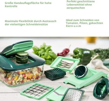 Genius Nicer Dicer Chef Deluxe XXL 37-Piece Set with Glass Bowl Set, Tomato & Vegetable Chopper & 3-in-1 Strainer Bowl - Crushes, Chops Onions, French Fry Cutter, Green