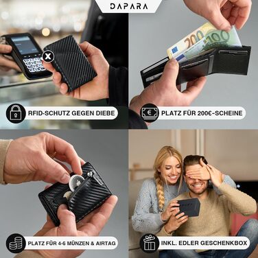 Чоловічий гаманець DAPARA з RFID-захистом | Тонкий гаманець для чоловіків з відділом для монет | Гаманець-картхолдер на 12 карт | Чоловічий гаманець з карбону - чорний
