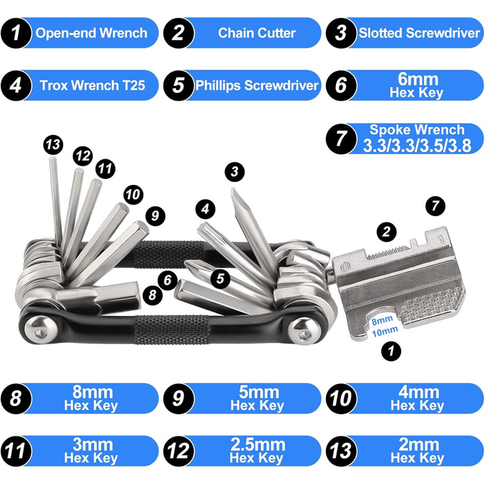 Мультитул для велосипеда 17 в 1: набір інструментів для ремонту велосипеда, знімач ланцюга, шестигранники, ключ для спиць. Підходить для шосейних та гірських велосипедів