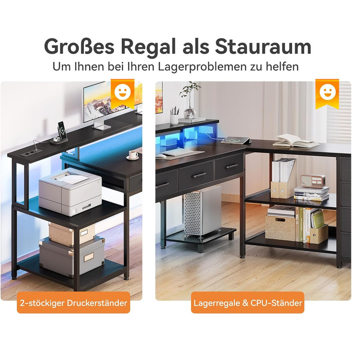 Ігровий стіл Coleshome з 7 висувними ящиками та великим об'ємом зберігання, 199.5×145.5 см, кутовий стіл з RGB LED підсвічуванням, реверсивний L-подібний стіл з 2 розетками, ідеальний для офісу та геймінгу, чорний, 199.5×145.5 см