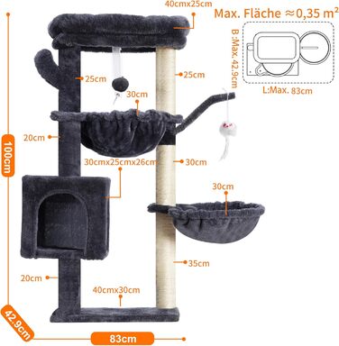 Кігтеточка-кімнатний комплекс Heybly Kratzbaum 100см з платформою, гротою, 2 гамаками та іграшками. Колір: сірий. Модель: HCT006SG