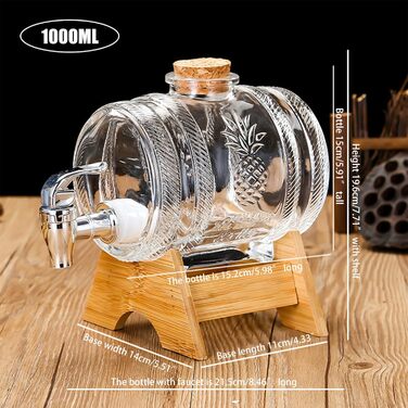 OUGPIU Whisky Decanter, 1000ml Barrel with Tap and Wooden Base, Barrel-Shaped Glass Drink Dispenser with Stopper Corks, Transparent Alcohol Dispenser Set Gifts for Friend, Husband, Father