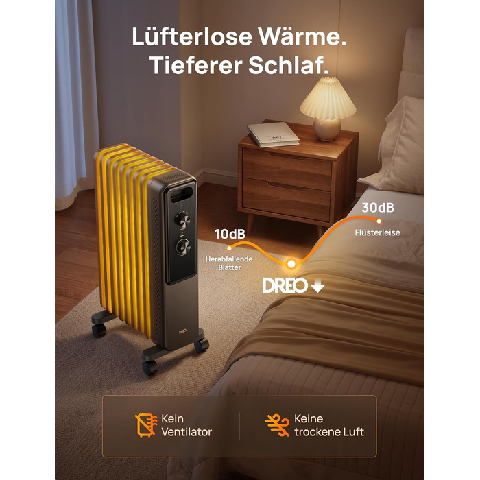 Електричний масляний радіатор Dreo з 9 ребрами, 2000W, тихий, з захистом від перегріву та перекидання, термостат, дитячий замок, енергозберігаючий