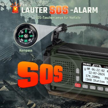 Радіоприймач PRUNUS J-924D: DAB+/UKW, радіоприймач-кринка з акумулятором 10000mAh, Bluetooth, ліхтарик, SOS, зарядка для телефону. Зелений