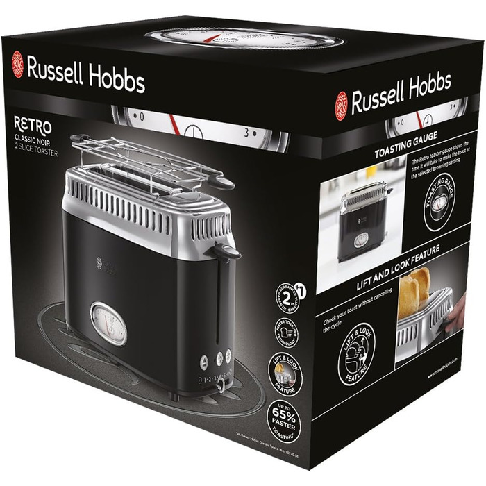Russell Hobbs Toaster [for 2 slices] Retro Stainless Steel Black (Retro-style countdown display, including bread roll attachment, 6 browning levels + defrost & reheat function, 1300W) Vintage 21681-56