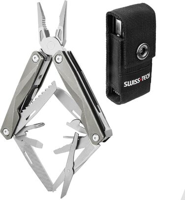 Мультитул Swiss+Tech 16-в-1: мультиінструмент з нержавіючої сталі з ножем, пилкою, ножицями, відкривачкою для пляшок, для кемпінгу, відпочинку на природі, ремонту, з чохлом, вінтажний зелений (ретро-сірий)