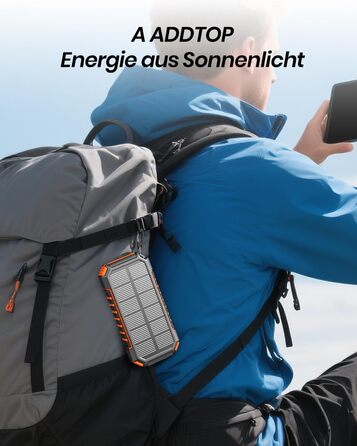 Портативний зарядний пристрій ADDTOP Solar – 26800mAh з сонячною панеллю, USB-C, 3.0A, 4 виходи для смартфонів та планшетів, ліхтар для кемпінгу та відпочинку на природі (Orange)