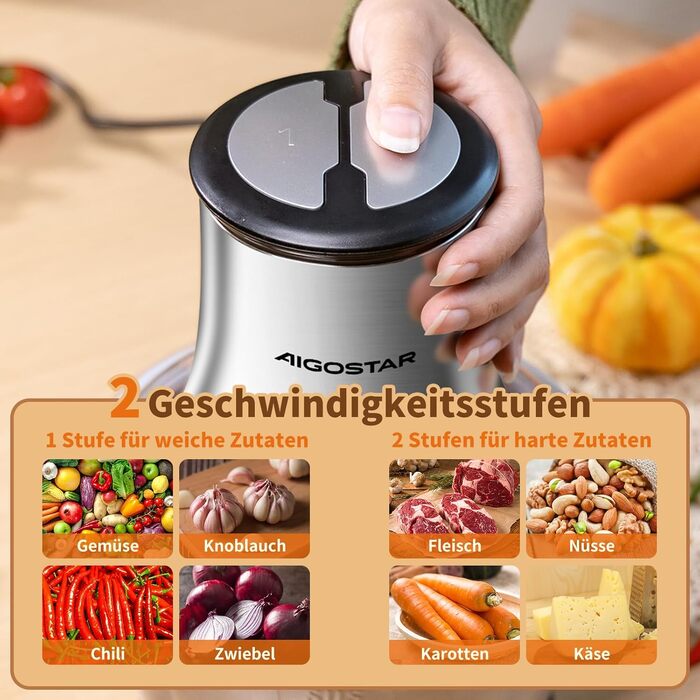 Електричний подрібнювач Aigostar Flor 500W з нержавіючою чашею 1.8L та 4-ма лезами, 2 швидкості для м'яса, овочів та горіхів
