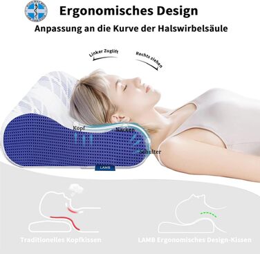 Ергономічна подушка для шиї та голови LAMB з ефектом пам'яті (Memory Foam), регульована висота, для сну на боці, з мийним чохлом, 60x36x12/10 см, синя