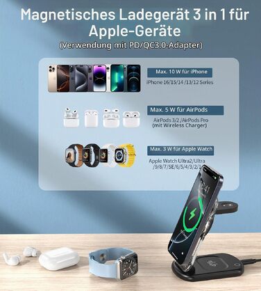 Бездротова зарядна станція 3 в 1 MagSafe для iPhone 16/15/14/13, Apple Watch та AirPods, складана з регулюванням кута та атмосферним підсвічуванням, чорна