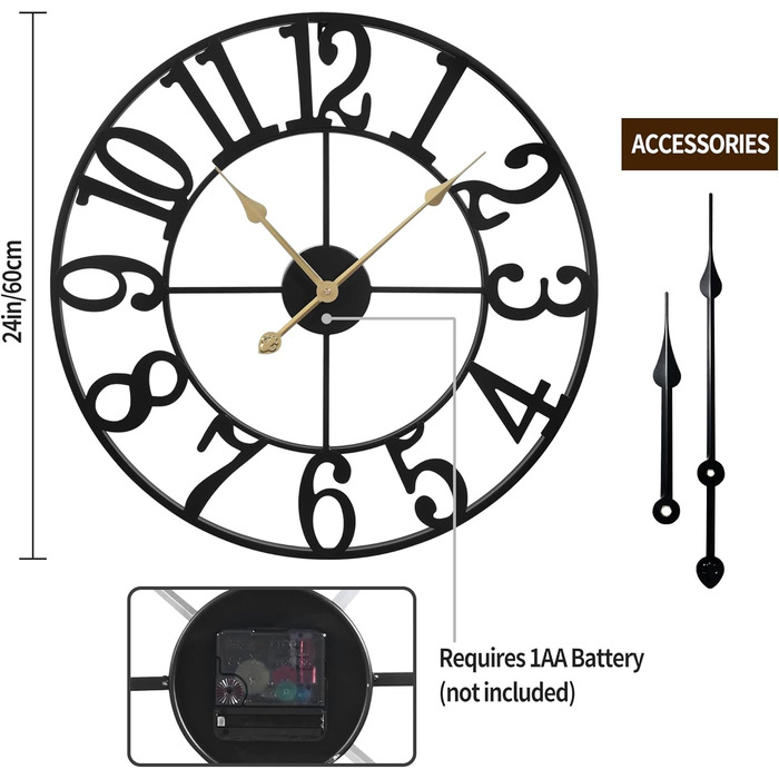 Maxstar Modern Roman Numeral Large Wall Clocks, Non-Ticking Round Metal Silent Vintage Wall Clock for Living Room, Kitchen, Bedroom, Garden Decor - Gold (Black Arabic, 60CM)