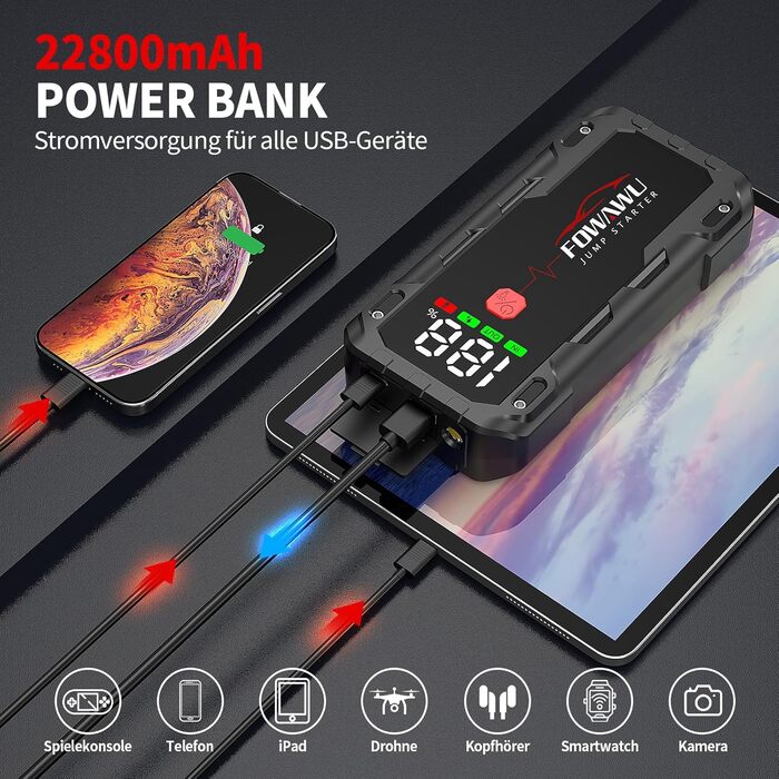 Powerbank FOWAWU 7000A 22800mAh з автостартом та LED-ліхтариком для автомобіля, мотоцикла, газонокосарки