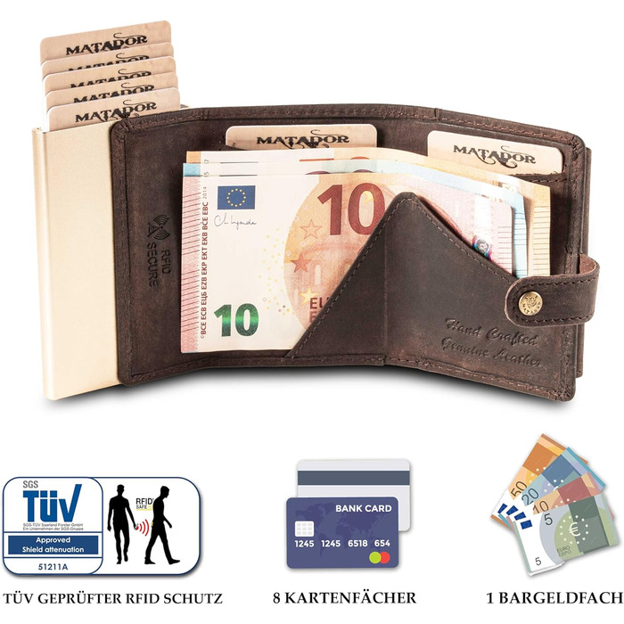 Гаманець Matador Slim Miami з RFID захистом, шкіряний, коричневий - мінімалістичний портмоне для чоловіків з поп-ап механізмом та відділенням для монет