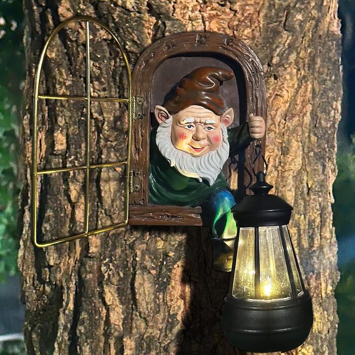 Fairy Garden Statues, Solar Lanterns, Quirky Elf from the Door, Tree-Hugging Figures Glow, Fence Wall Yard Art Home Decoration, Outdoor Tree Face Sculpture ideal Halloween Decoration