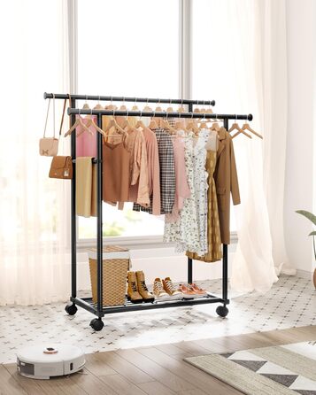 Стійка для одягу на колесах з подвійною перекладиною та сітчастим дном, 98 x 42 x 150 см, Чорний