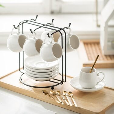 Набір кавових чашок для еспресо LYEOBOH (6 шт.) з підставками та ложками, 85 мл, кераміка, білий