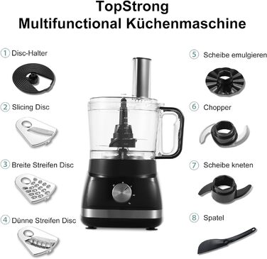 Кухонний комбайн TopStrong 800 Вт, подрібнювач 2 л, 3 швидкості, чорний, компактний кухонний процесор, міксер та тістоміс