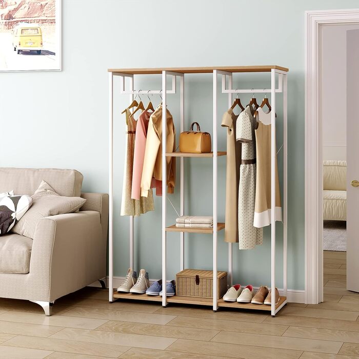 WOLTU XXXL Clothes Rack Freestanding with Shelf Laundry Rack Wardrobe Open Clothes Rail with Shoe Shelf for Bedroom, Wood and Steel, Black + Light Oak (White+light Oak)