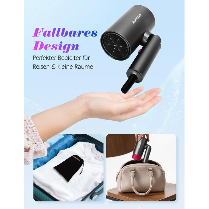 Aigostar Фен для подорожей 2100W з складною ручкою, сірий, з захистом від перегріву, з сумкою