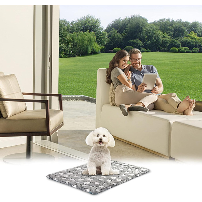 Підстилка для собак KROSER Fancy Crate Pad - двостороння, машинна стирка, для собак малого та великого розміру, 61x46x3 см, сіра та темно-синя, зірковий принт