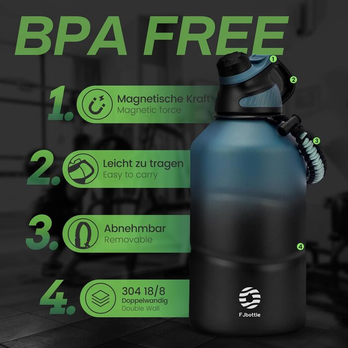 Fjbottle Stainless Steel Water Bottle 1900ML with Magnetic Lid, BPA FREE, Leak-Proof, Double-Walled Thermo Metal Bottle - Suitable for Carbonated Drinks, Sports Water Bottle for University, Fitness, Camping, Outdoor