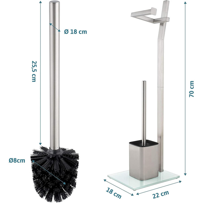Набір для ванної кімнати WC-Garnitur з тримачем для туалетного паперу, хромований, без свердління, нержавіюча сталь, скляний підстав, 32x20x70 см, легка установка, 1 та 2 змінні щітки для унітазу