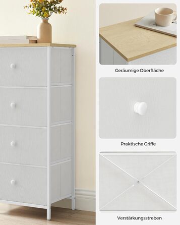 SONGMICS Chest of Drawers, Storage Cabinet with 4 Fabric Drawers, Metal Frame, Tall and Narrow, White-Oak Finish LTS314W57