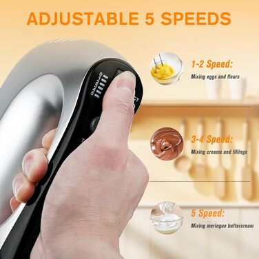 Електричний міксер Lychee з анти-розбризкуванням, 5 швидкостей (Turbo), база для зберігання, 6 насадок з нержавіючої сталі, 300W