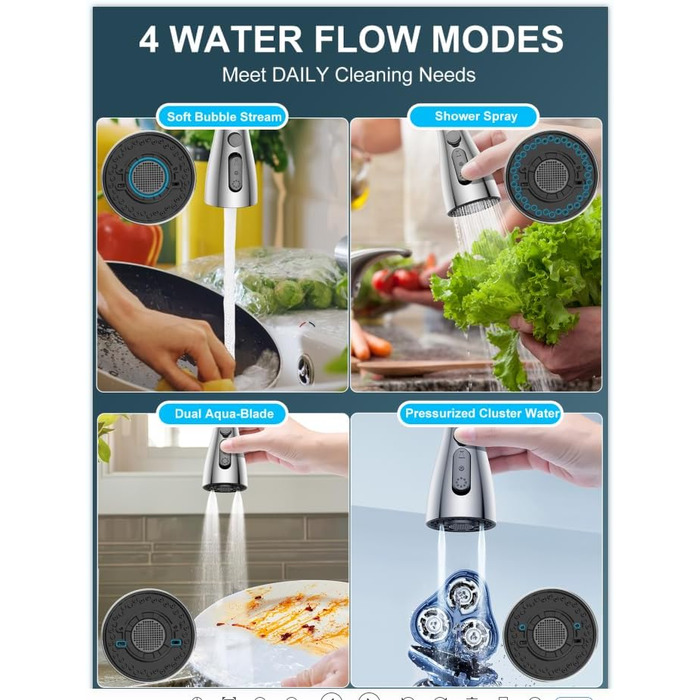 Висувний змішувач для кухні з високим тиском, кухонна арматура з поворотним виливом 360°, 4 режими, високий вигин, нержавіюча сталь, щіткова обробка, змішувач для раковини з одним отвором, ABS-розпилювач, з'єднання G3/8 (тільки для ЄС)