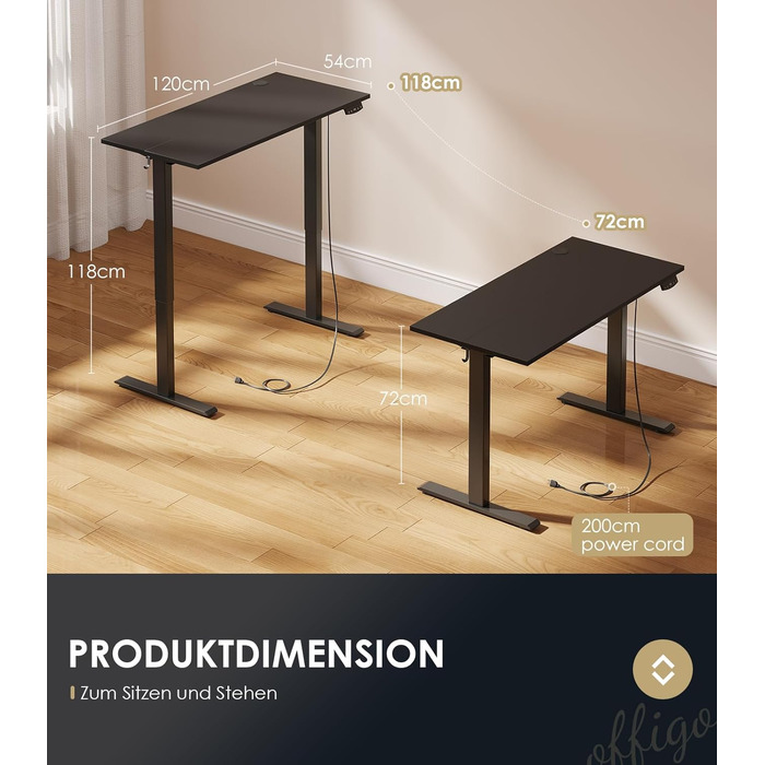 OffiGo Height Adjustable Electric Standing Desk - Ergonomic Computer Desk with Memory Function - Modern White Standing Desk for Home & Office (120x54cm)