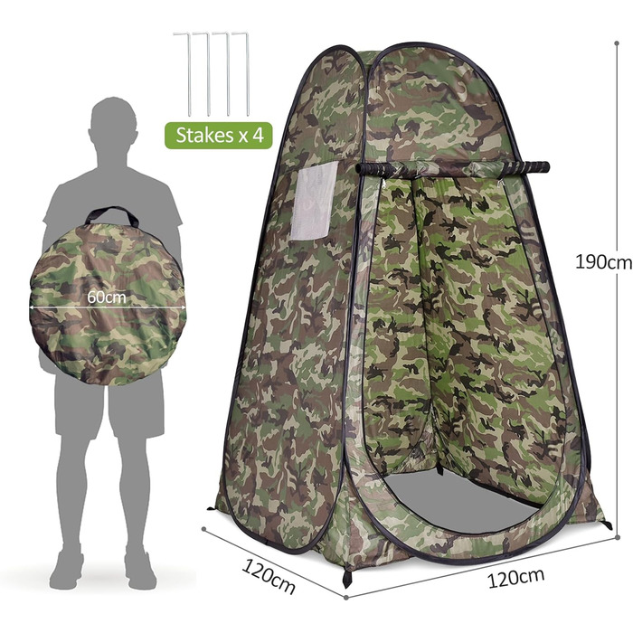 Намет для душу HOMASIS з сумкою, переносний шатрів для переодягання, туалетний намет з вікном та кишенькою, душова кабіна для відпочинку на природі, 120 x 120 x 190 см, зелений (Flecktarn)