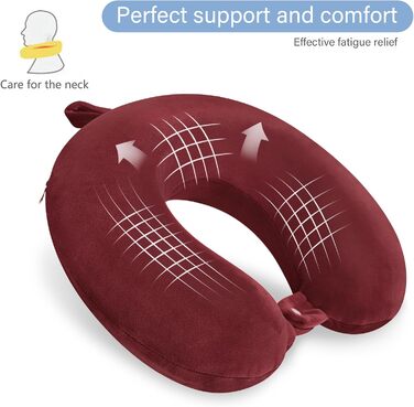 Подушка для шиї з Memory Foam, зручна для подорожей, U-подібна форма, підтримка шиї та голови, зменшує втому, портативна, для літаків, поїздів, авто (темно-червоний)
