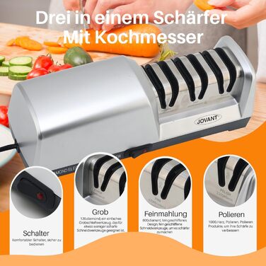 Електричний точило для ножів 15 градусів 3-в-1 для м'яса та овочів, професійний, для грубого, тонкого шліфування та полірування кухонних ножів (включно з кухонними ножами)