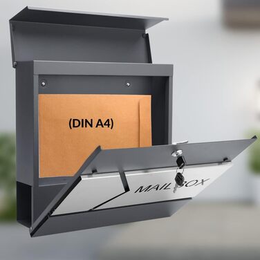 Поштовий ящик Monzana XXL з газетницею та оглядовим вікном, сталевий, антрацит, з замком та 2 ключами, для настінного монтажу