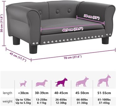 Крісло-ліжко для собак, м'яке ліжко для тварин, лежанка для маленьких собак та котів, сіре штучне шкіряне, 70 x 45 x 30 см