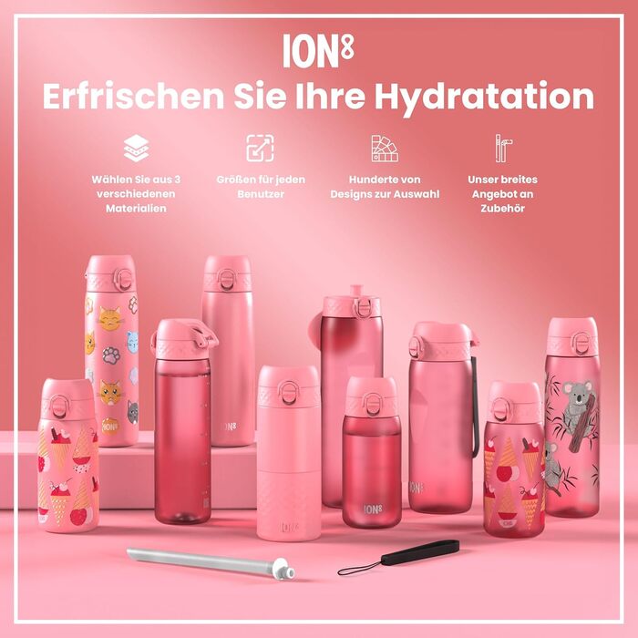 Ion8 Vacuum Insulated Stainless Steel Water Bottle, 1 Liter, 920 ml, Leak-Proof, One-Handed Opening, Secure Locking, Dishwasher Safe, Carrying Handle, Durable, Ideal for Sports and Yoga (OneTouch 2.0, Rose Pink)