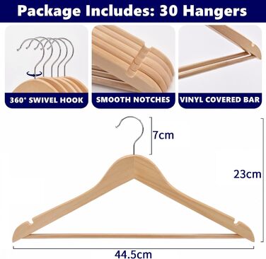 Amber Home 30-Piece 17.5-inch Natural Wooden Clothes Hangers with Bar and Notch, Sturdy Hanger for T-Shirt, Shirt, Suit, Coat, Dress, Wedding, Camisole